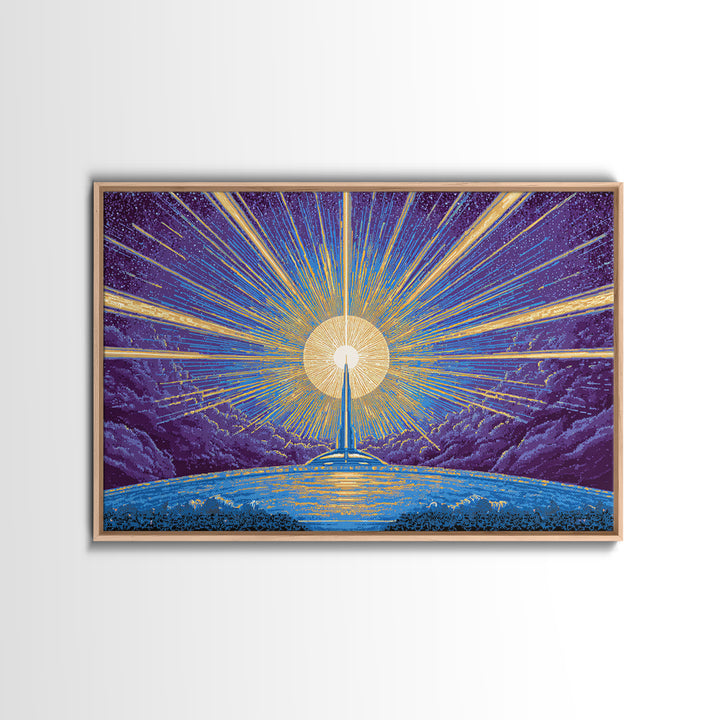 Radiant Rocket Sunrise Wall Art, Retro Sci Fi Poster, Mid Century Modern Art Print, Blue Yellow Space Decor, Space Abstract Art