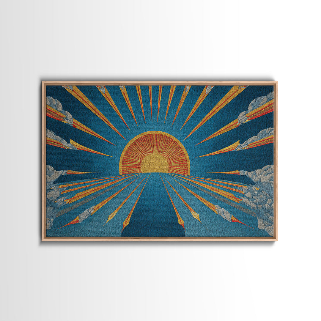 Embroidered Sunburst Canvas Print, Mid Century Modern Wall Art, Retro Sun Poster, Teal Orange Textile Style Home Decor Print