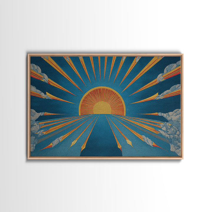 Embroidered Sunburst Canvas Print, Mid Century Modern Wall Art, Retro Sun Poster, Teal Orange Textile Style Home Decor Print
