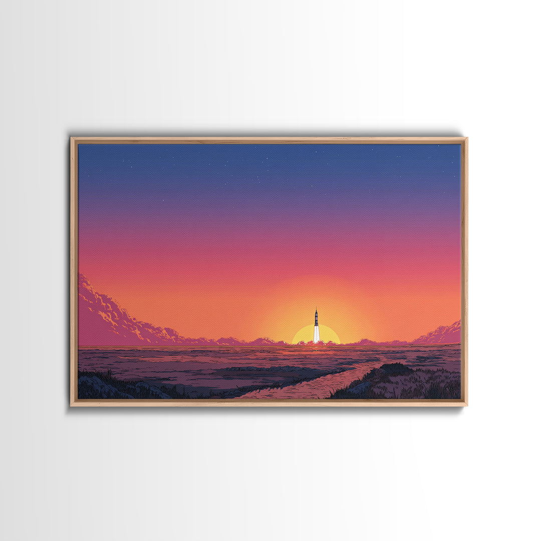 Rocket Sunset Landscape Wall Art, Retro Sci Fi Poster, Mid Century Modern Print, Orange Pink Desert Decor, Space Travel Art