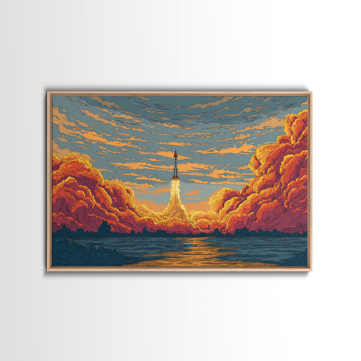 Rocket Launch Clouds Canvas Print, Retro Sci Fi Wall Art, Mid Century Modern Poster, Orange Blue Landscape Decor, Space Art Print