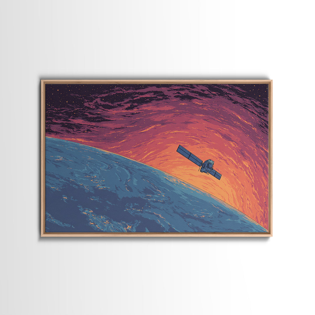 Satellite Over Blue Planet At Sunset, Retro Sci Fi Wall Art, Midcentury Modern Art Print, Space Poster For Home Office Decor