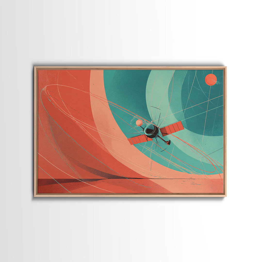 Abstract Satellite Orbit With Coral Teal Planets, Canvas Print, Midcentury Modern Wall Art, Geometric Space Poster Decor