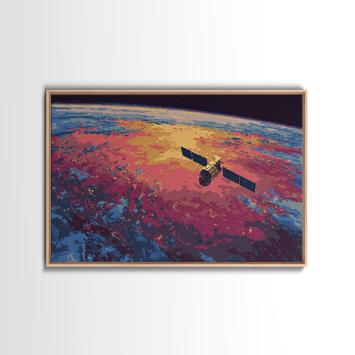 Colorful Satellite Above Pink Blue Earth, Midcentury Modern Wall Art, Retro Sci Fi Poster, Large Canvas Print For Office