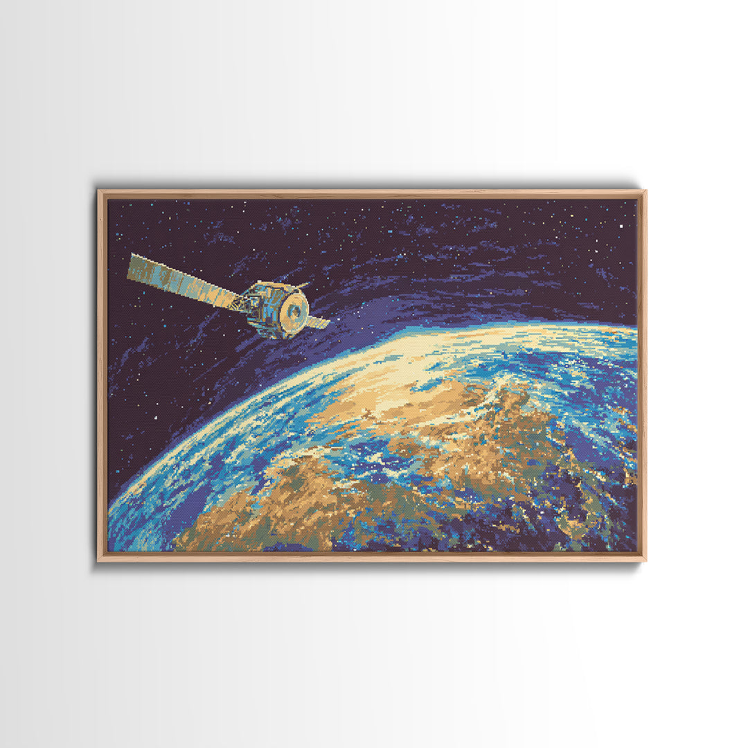 Satellite Over Earth With Stars, Midcentury Modern Wall Art, Retro Sci Fi Space Poster, Blue Canvas Print For Office Decor
