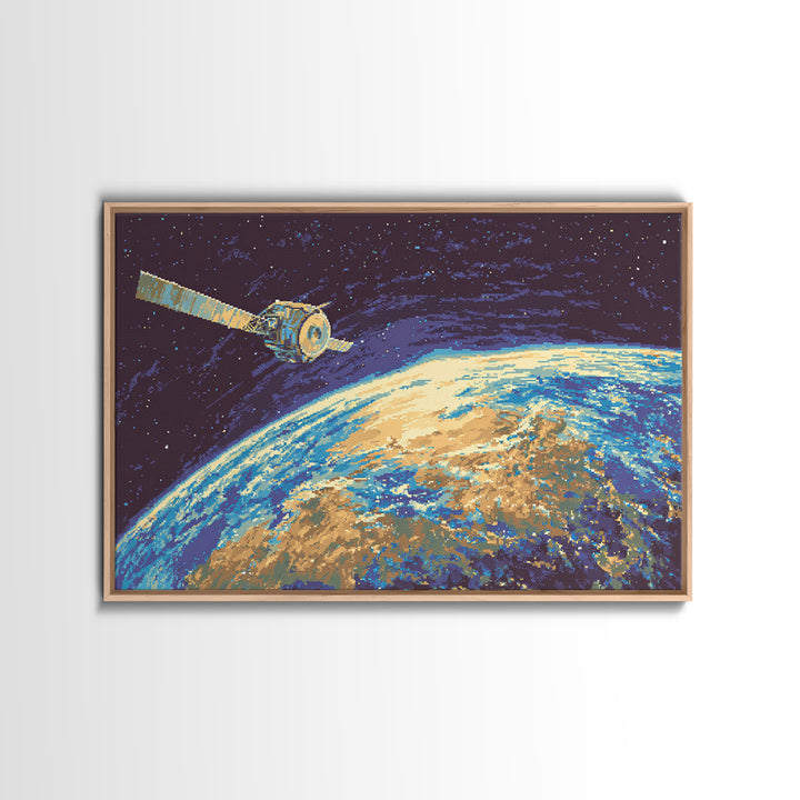 Satellite Over Earth With Stars, Midcentury Modern Wall Art, Retro Sci Fi Space Poster, Blue Canvas Print For Office Decor