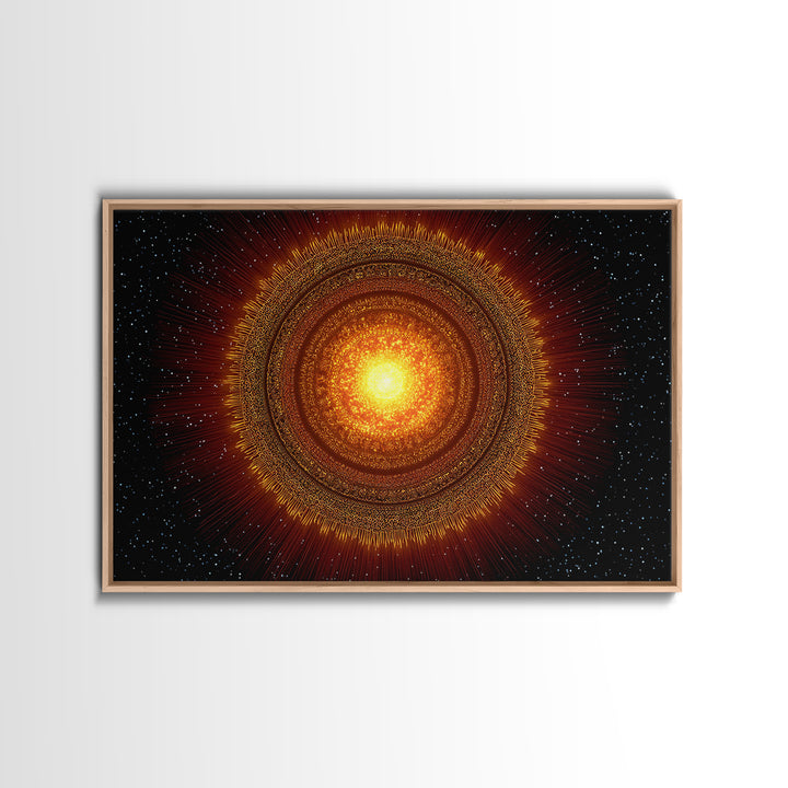 Radiant Orange Sun Star Mandala In Space, Midcentury Modern Wall Art, Cosmic Abstract Canvas Print, Spiritual Decor For Living Room