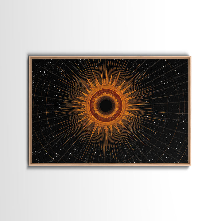 Orange Eclipse Starburst In Black Space Wall Art, Midcentury Modern Art Print, Atomic Retro Decor, Cosmic Abstract Poster