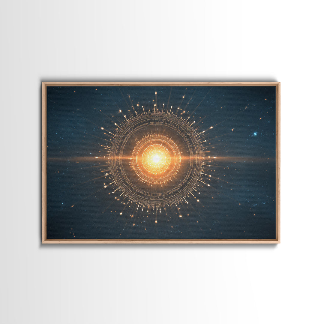 Glowing Golden Sun Mandala In Deep Space Canvas Print, Modern Abstract Art, Celestial Wall Decor, Midcentury Cosmic Poster