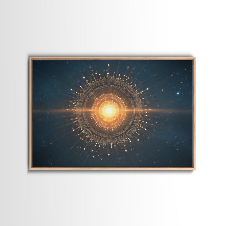 Glowing Golden Sun Mandala In Deep Space Canvas Print, Modern Abstract Art, Celestial Wall Decor, Midcentury Cosmic Poster