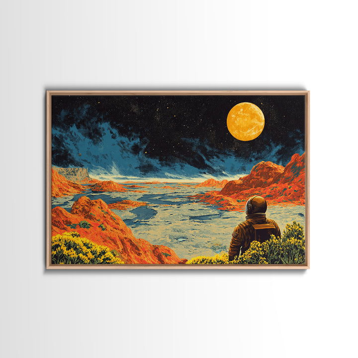Astronaut On Orange Lunar Desert Wall Art, Retro Sci Fi Moon Poster, Midcentury Modern Art Print, Bold Space Landscape Decor