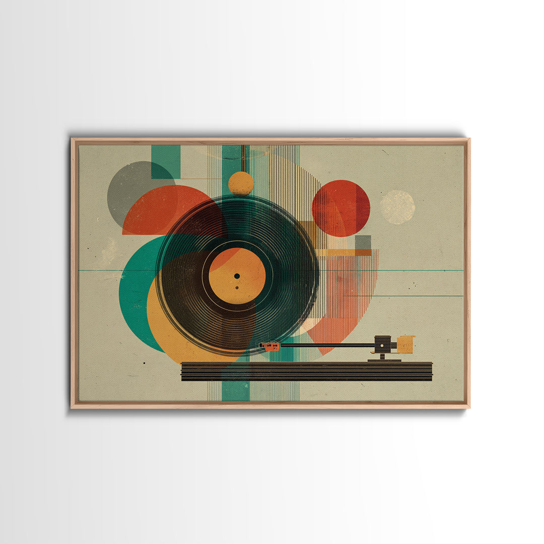 Teal Orange Geometric Turntable Wall Art, Mid Century Modern Record Player Decor, Abstract Music Poster, Retro MCM Print