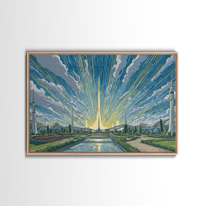 Futuristic Rocket Skyline At Sunrise Framed Canvas Print, Midcentury Modern Wall Art, Atomic City Poster, Blue Yellow Decor