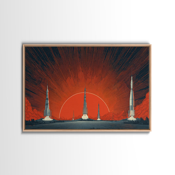 Rocket Sunscape Wall Art, Retro Futuristic Space Poster, Midcentury Modern Art Print, Large Atomic Orange MCM Wall Decor
