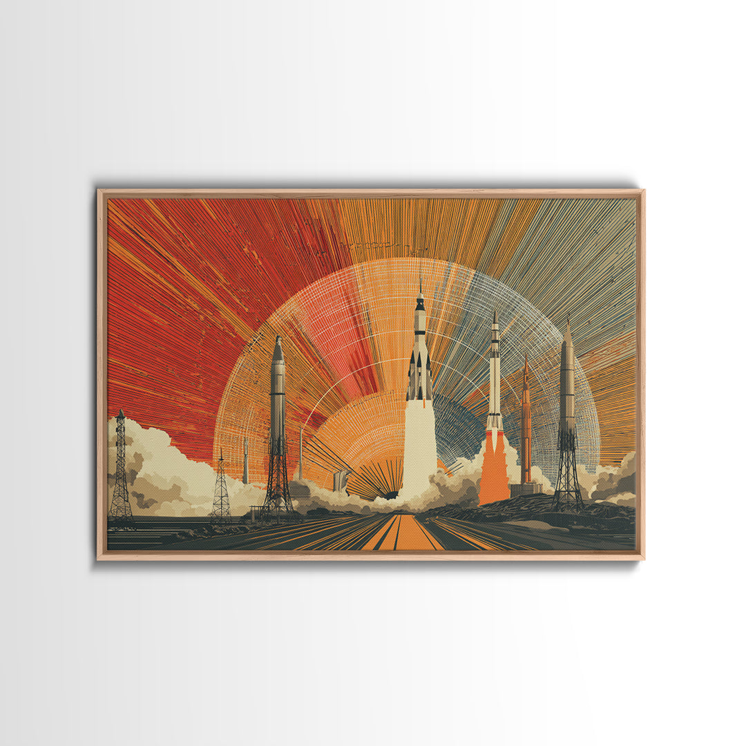 Rocket Launch Wall Art, Retro Space Race Poster, Midcentury Modern Art Print, Atomic Sunset Sci Fi Large MCM Office Decor