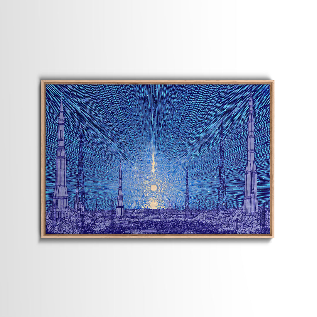 Blue Rocket Skyline Canvas Print, Retro Sci Fi Space Poster, Midcentury Modern Wall Art, Starry Atomic MCM Office Decor Print
