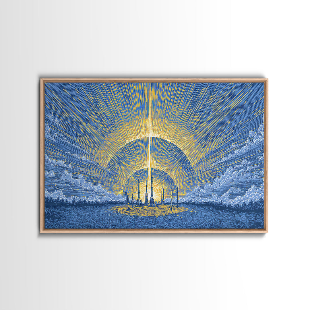 Blue Solar City Wall Art, Futuristic Sunrise Poster, Midcentury Modern Art Print, Retro Space Abstract Large MCM Home Decor