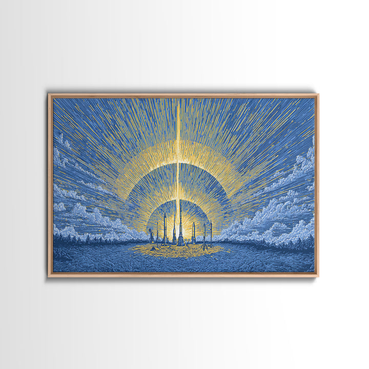 Blue Solar City Wall Art, Futuristic Sunrise Poster, Midcentury Modern Art Print, Retro Space Abstract Large MCM Home Decor
