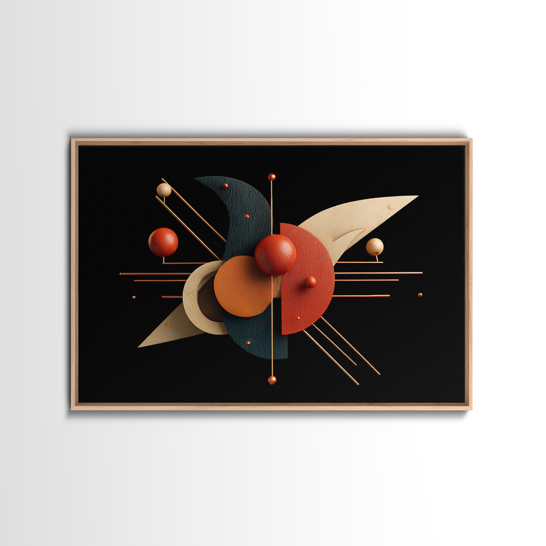 Atomic Sphere Sculpture Wall Art, Black Orange Geometric Canvas Print, Midcentury Modern Abstract Large Retro MCM Office Decor