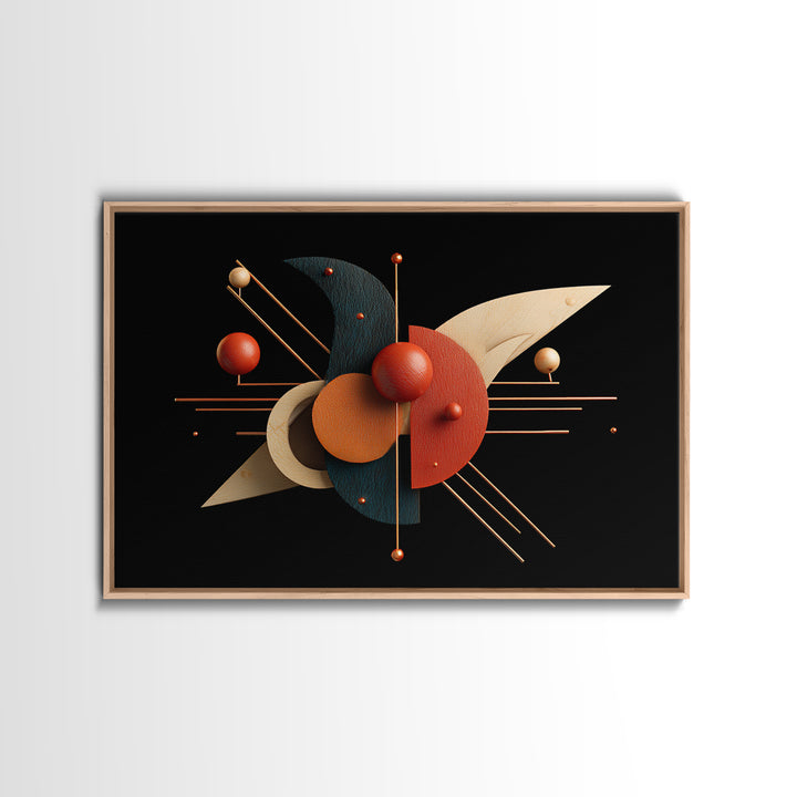 Atomic Sphere Sculpture Wall Art, Black Orange Geometric Canvas Print, Midcentury Modern Abstract Large Retro MCM Office Decor