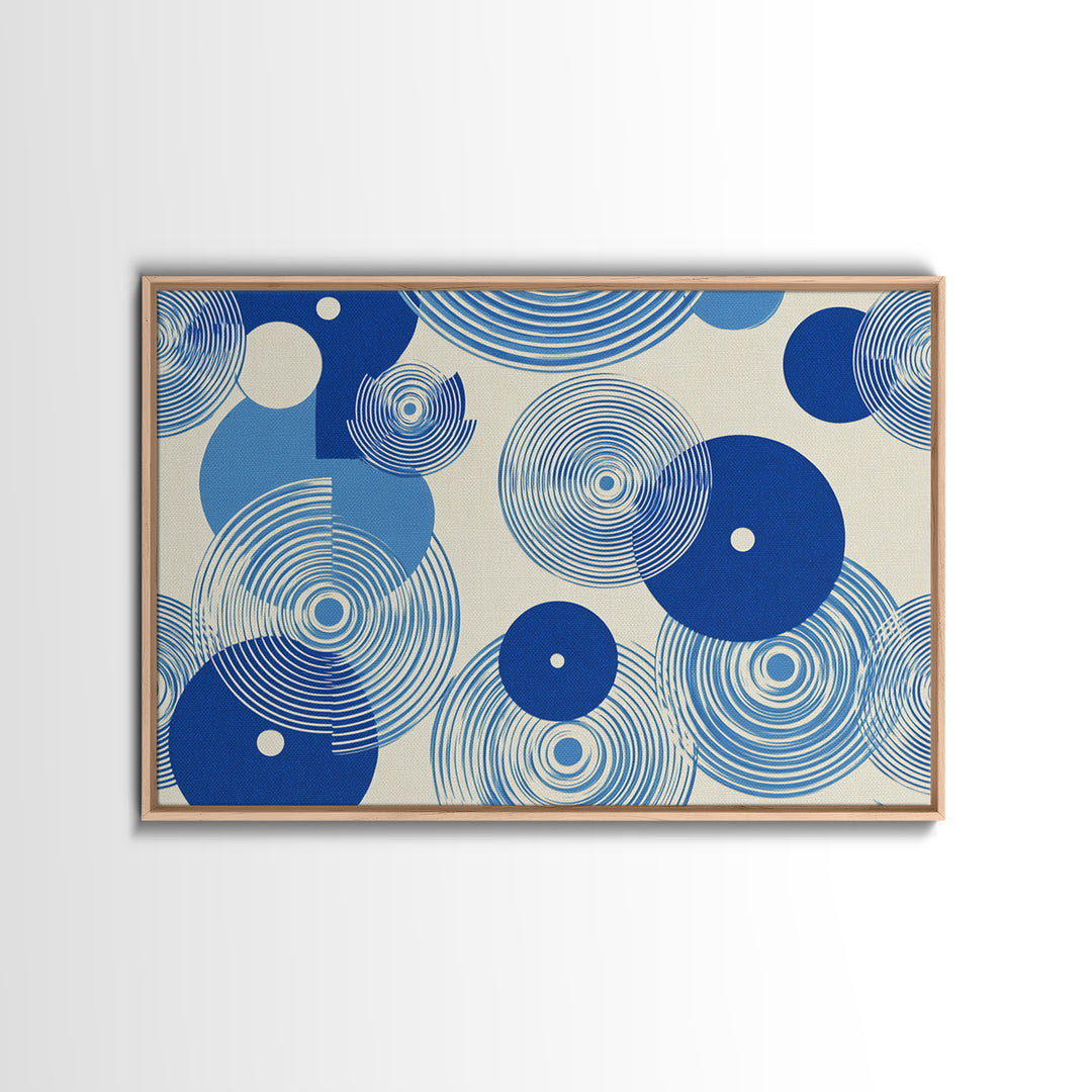 Blue Concentric Circle Pattern Canvas Print, Scandinavian Modern Wall Art, Geometric Abstract Decor, Minimal MCM Poster Print