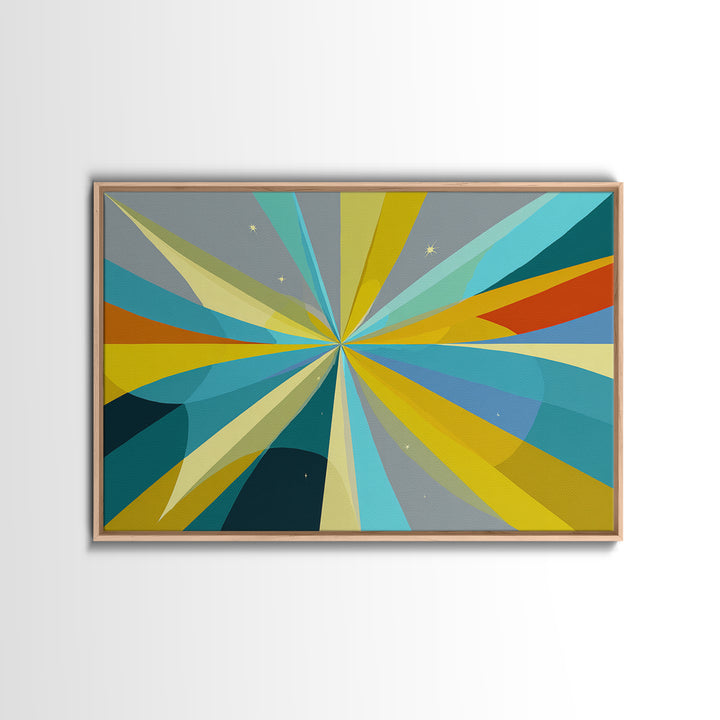 Radiant Starburst Wall Art, Blue Yellow Geometric Abstract Print, Midcentury Modern Decor, Retro MCM Large Living Room Decor
