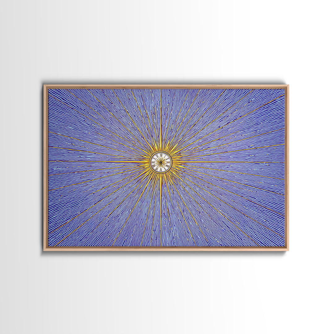 Blue Gold Radial Starburst Clock Canvas Print, Mid Century Modern Wall Decor, Atomic Retro Art Print, MCM Home Decor, Living Room Artwork