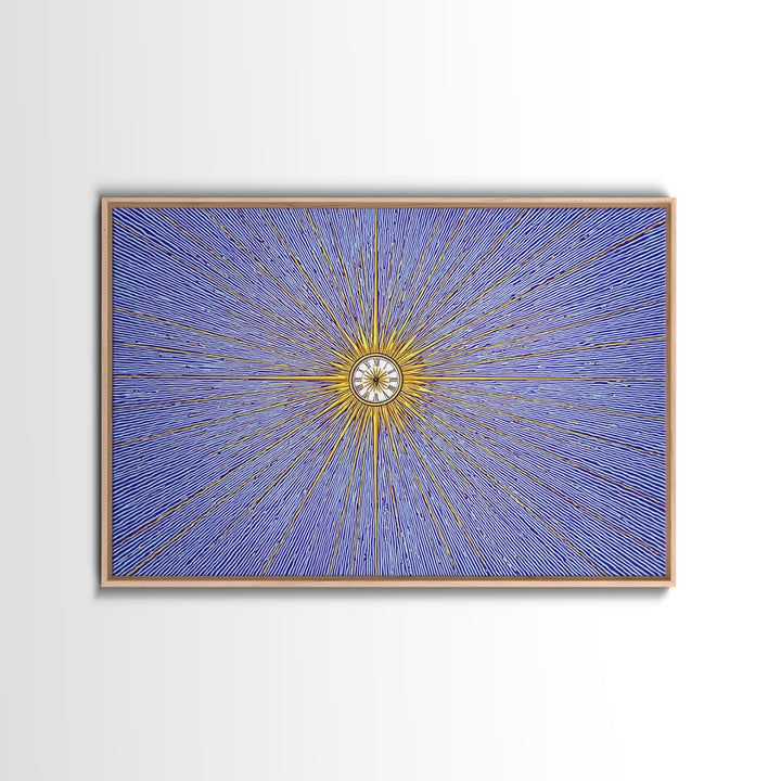 Blue Gold Radial Starburst Clock Canvas Print, Mid Century Modern Wall Decor, Atomic Retro Art Print, MCM Home Decor, Living Room Artwork