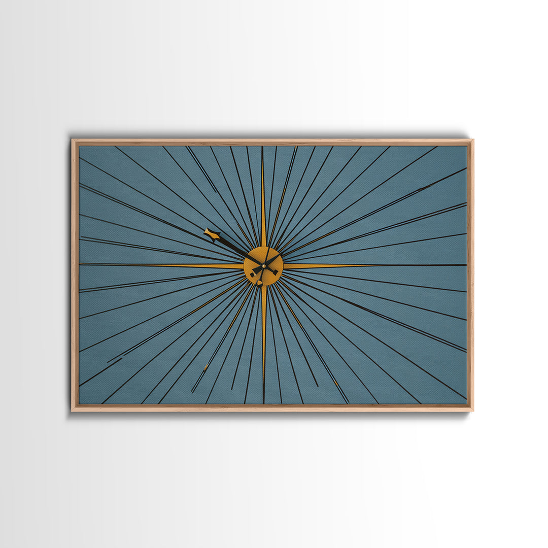 Minimal Gold Starburst Clock On Teal Wall Art, Mid Century Modern Decor, Atomic Geometric Art Print, Retro MCM Poster, Home Office Decor