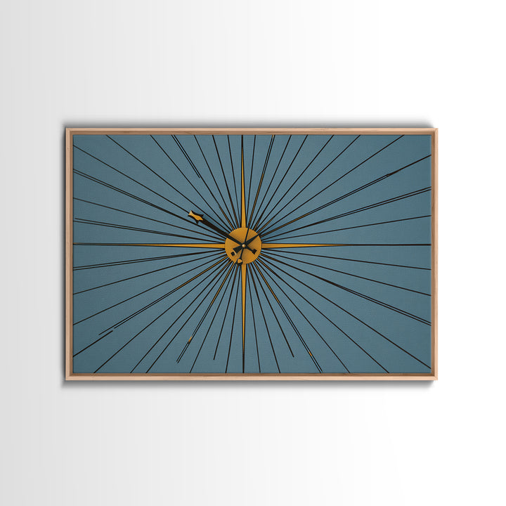 Minimal Gold Starburst Clock On Teal Wall Art, Mid Century Modern Decor, Atomic Geometric Art Print, Retro MCM Poster, Home Office Decor
