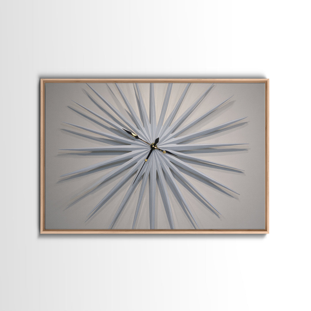 White Sculptural Starburst Clock Framed Canvas Print, Mid Century Modern Wall Decor, Minimalist MCM Art For Bedroom, Living Room Decor