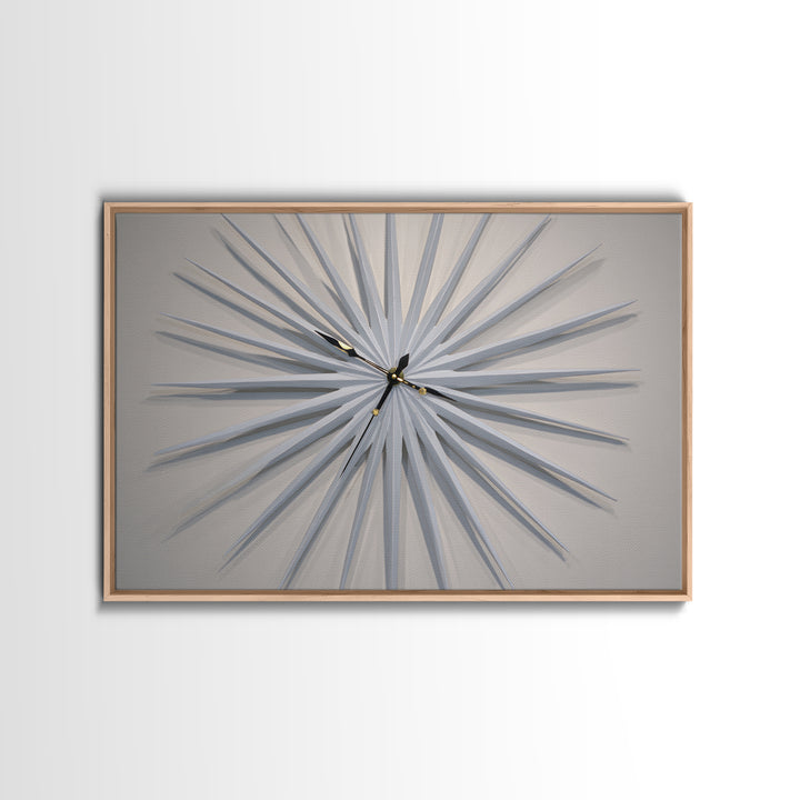 White Sculptural Starburst Clock Framed Canvas Print, Mid Century Modern Wall Decor, Minimalist MCM Art For Bedroom, Living Room Decor