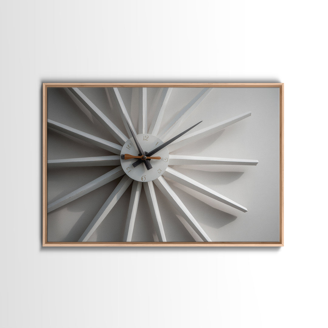 Close Up White Atomic Clock Canvas Print, Mid Century Modern Decor, Minimalist Wall Art, Retro MCM Living Room Poster Print