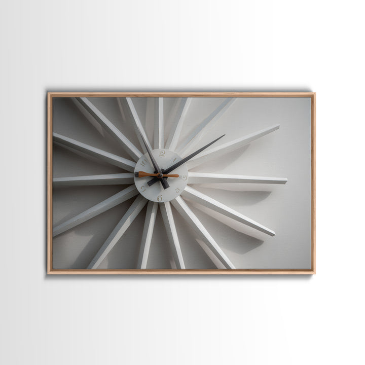 Close Up White Atomic Clock Canvas Print, Mid Century Modern Decor, Minimalist Wall Art, Retro MCM Living Room Poster Print