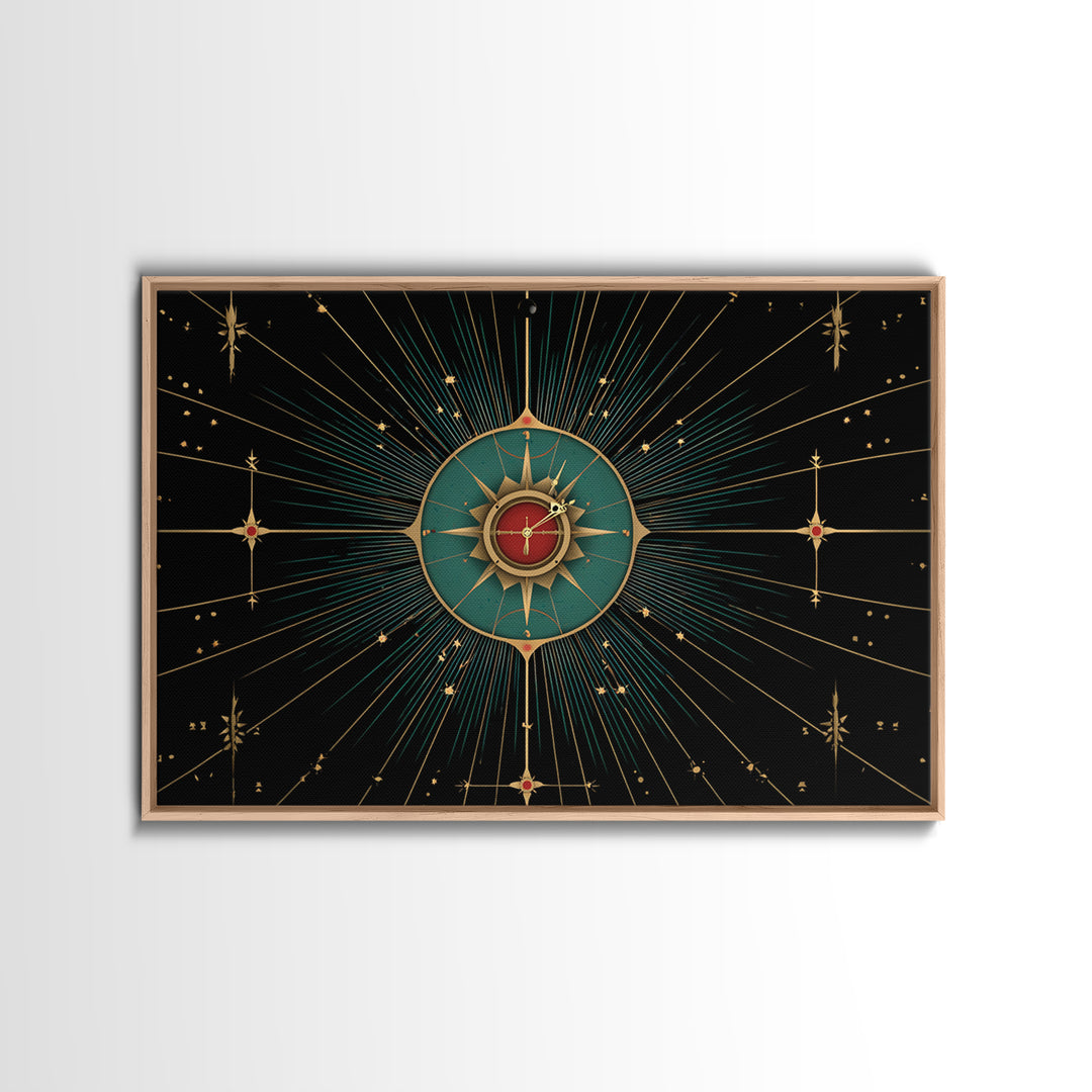Celestial Teal Compass Clock Framed Canvas Print, Mid Century Modern Wall Decor, Atomic Starburst Art, Retro MCM Poster Print