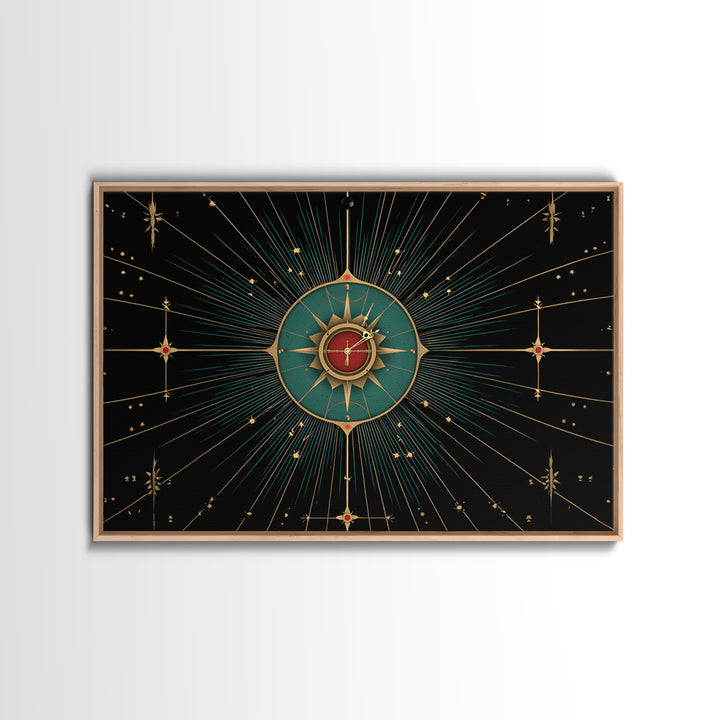 Celestial Teal Compass Clock Framed Canvas Print, Mid Century Modern Wall Decor, Atomic Starburst Art, Retro MCM Poster Print