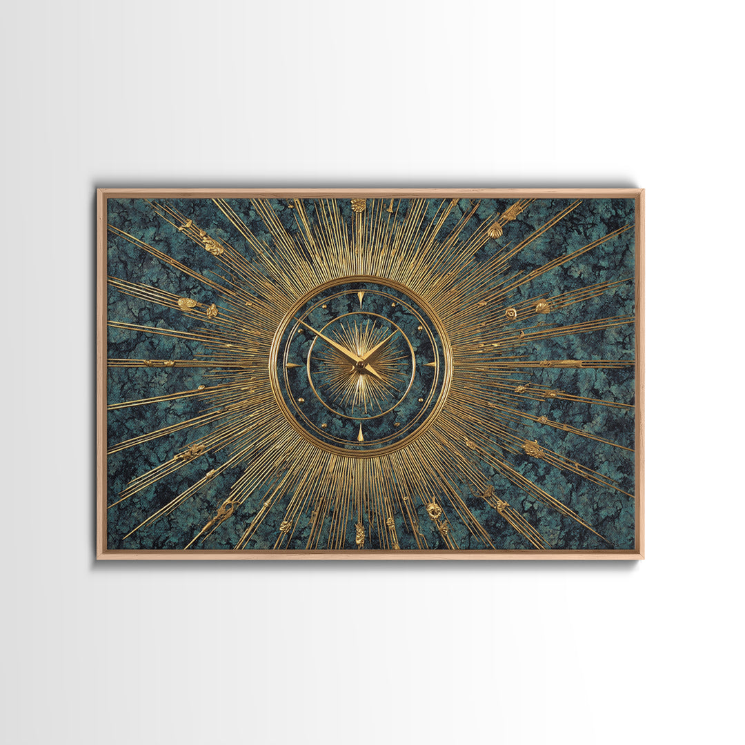 Ornate Gold Starburst Clock On Blue Wall Art, Mid Century Modern Decor, Atomic Art Deco Poster, Elegant MCM Art Print, Home Decor