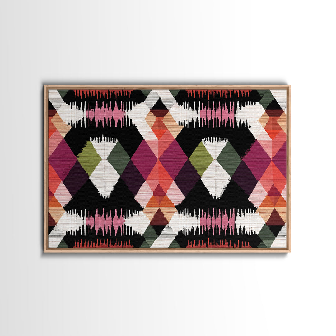 Colorful Diamond Ikat Pattern Framed Canvas Print, Retro Geometric Wall Art, Boho Mid Century Decor, Bold Abstract Poster