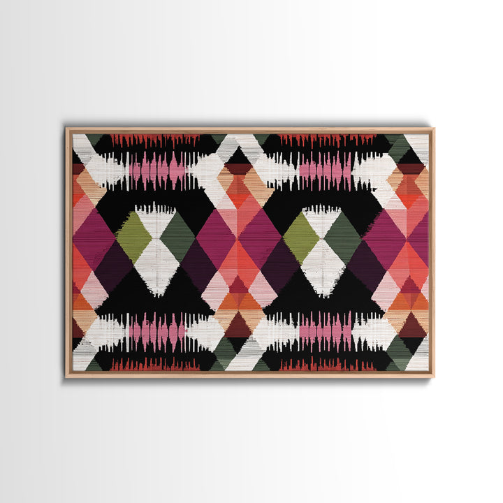 Colorful Diamond Ikat Pattern Framed Canvas Print, Retro Geometric Wall Art, Boho Mid Century Decor, Bold Abstract Poster