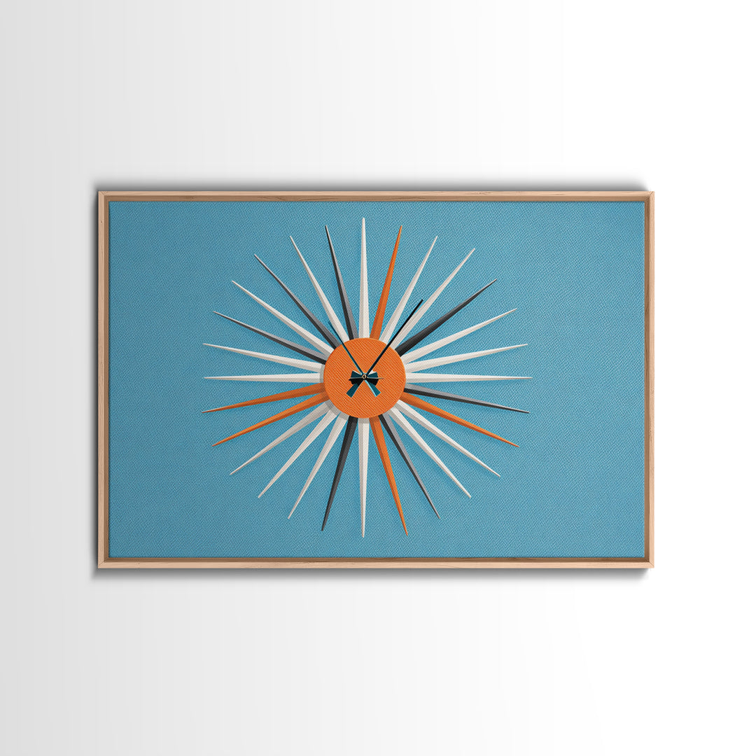 Orange Sunburst Clock On Blue Wall Art, Midcentury Modern Art, Atomic Starburst Print, Retro Wall Decor For Living Room Art