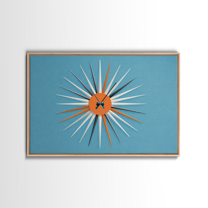 Orange Sunburst Clock On Blue Wall Art, Midcentury Modern Art, Atomic Starburst Print, Retro Wall Decor For Living Room Art