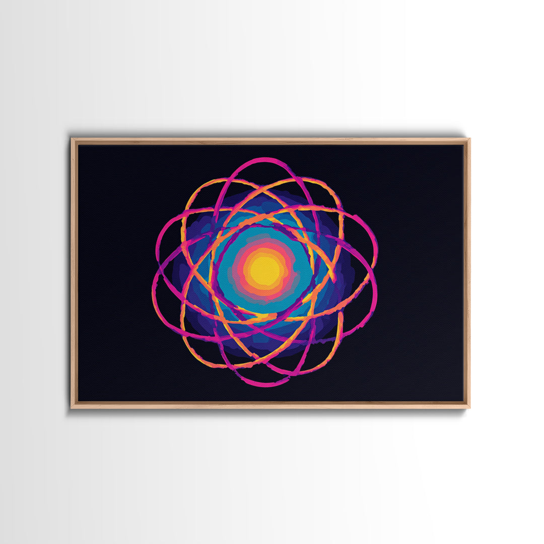 Glowing Rainbow Atom On Navy Framed Canvas Print, Bright Abstract Art, Modern Wall Art, Colorful Sci Fi Retro Poster Print