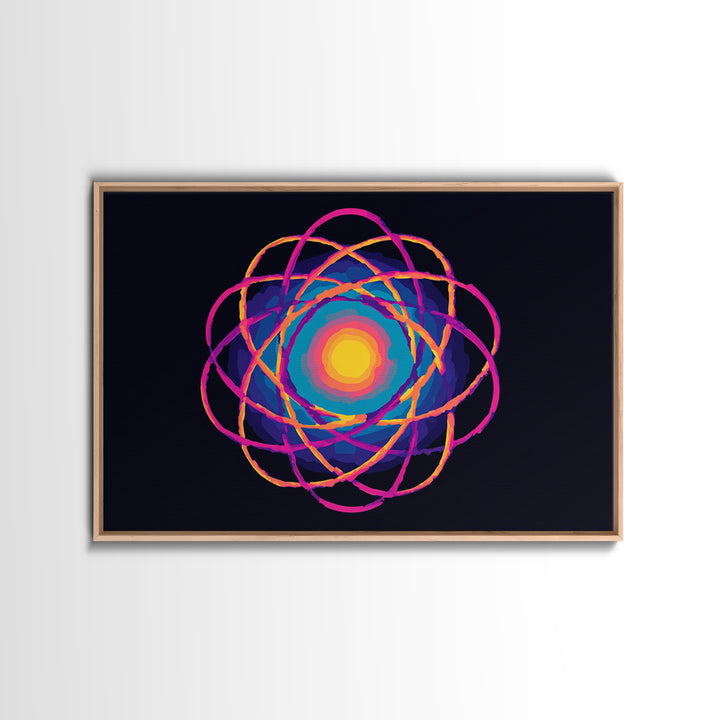 Glowing Rainbow Atom On Navy Framed Canvas Print, Bright Abstract Art, Modern Wall Art, Colorful Sci Fi Retro Poster Print