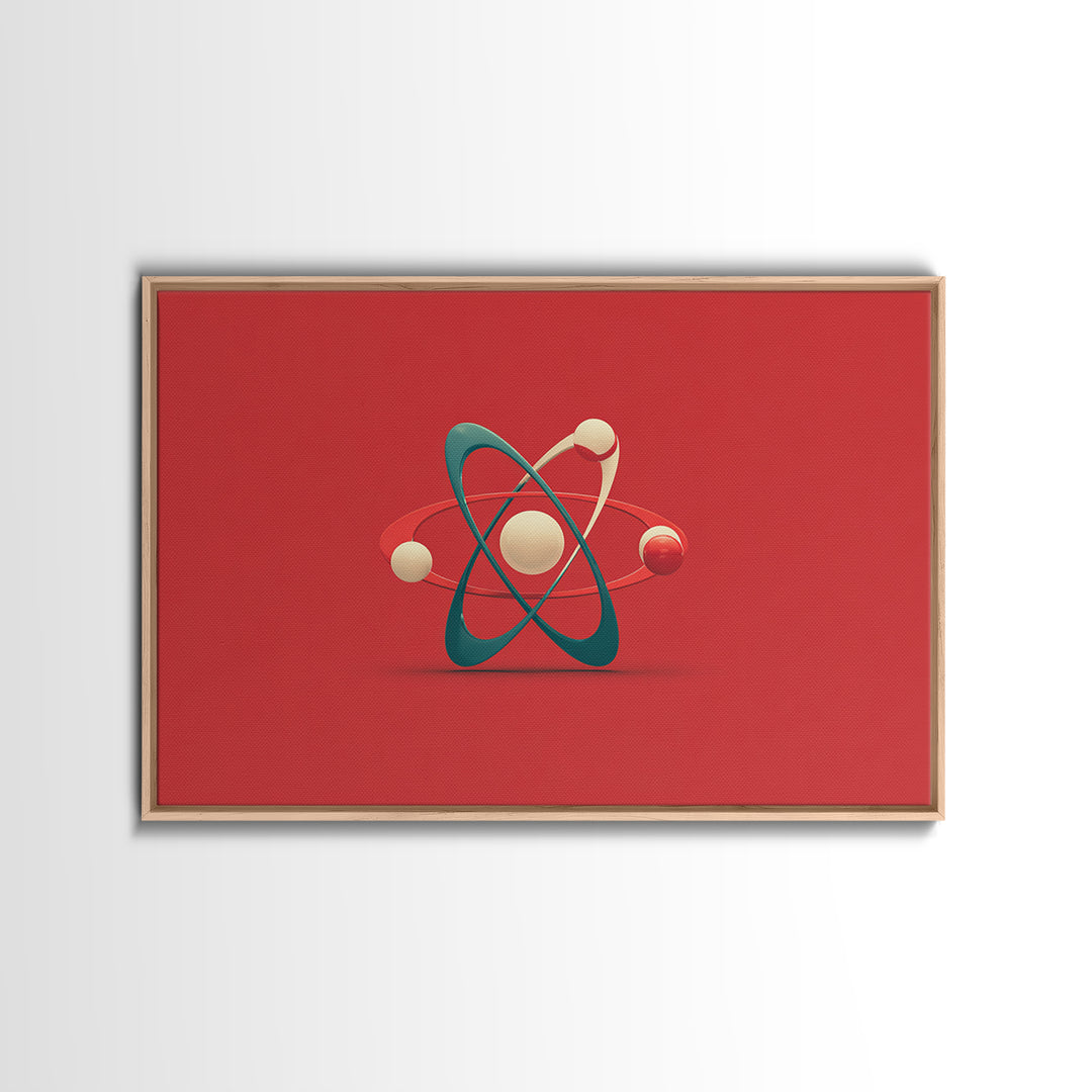 Minimal 3D Atom Sculpture On Red Canvas Print, Midcentury Modern Art, Retro Science Poster, Modern Wall Decor Gift For Him