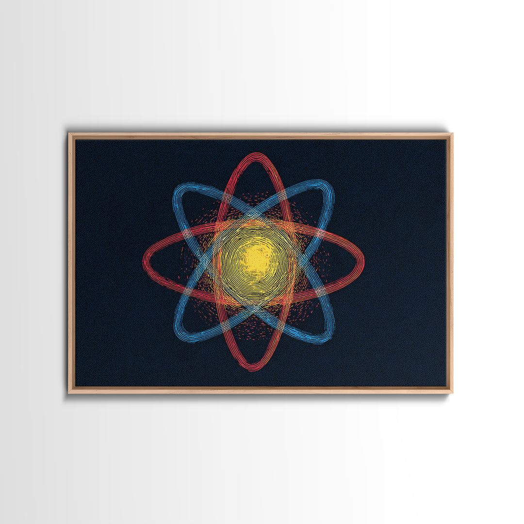 Etched Yellow Atom On Dark Blue Canvas Print, Atomic Retro Art, Midcentury Wall Art, Space Abstract Art For Office Decor