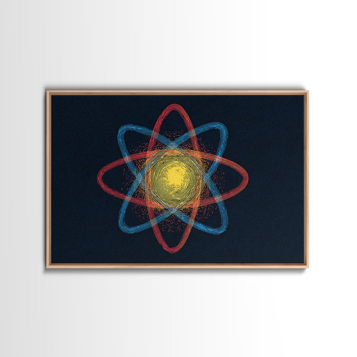 Etched Yellow Atom On Dark Blue Canvas Print, Atomic Retro Art, Midcentury Wall Art, Space Abstract Art For Office Decor