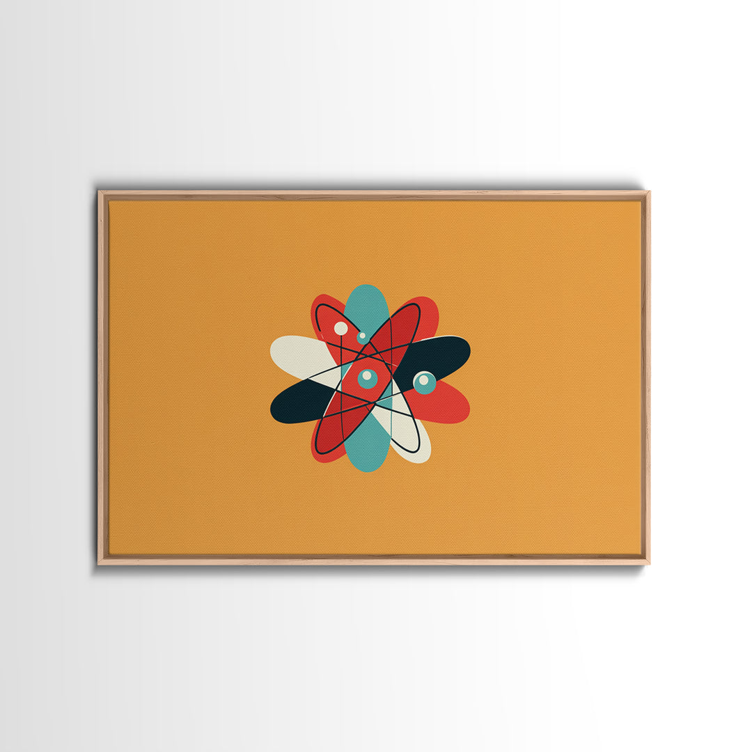 Flat Atomic Flower On Mustard Wall Art, Midcentury Modern Art, Geometric Poster, Retro Wall Decor For Kids Room And Nursery