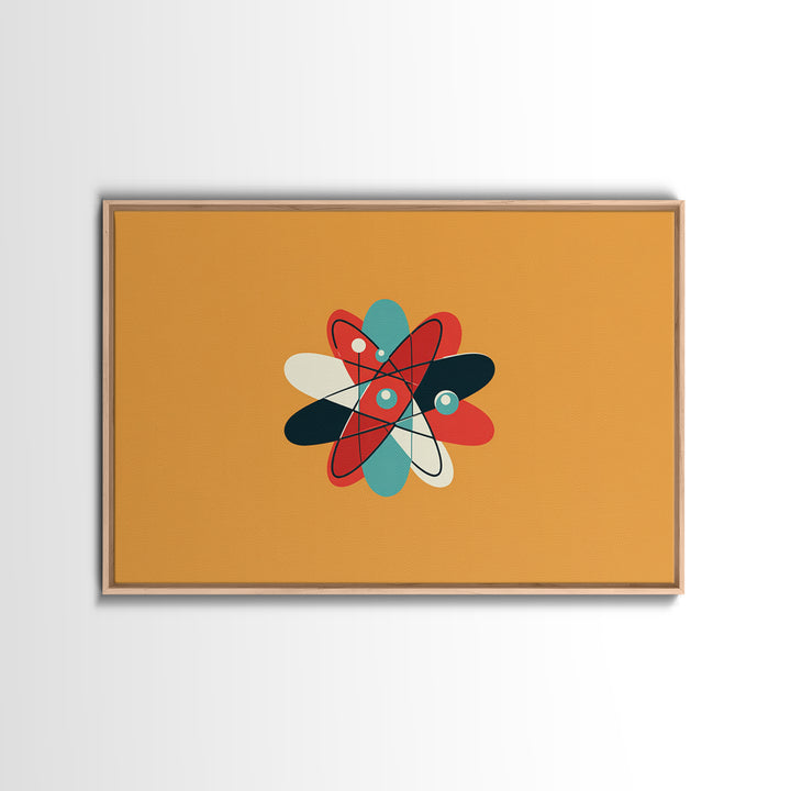 Flat Atomic Flower On Mustard Wall Art, Midcentury Modern Art, Geometric Poster, Retro Wall Decor For Kids Room And Nursery