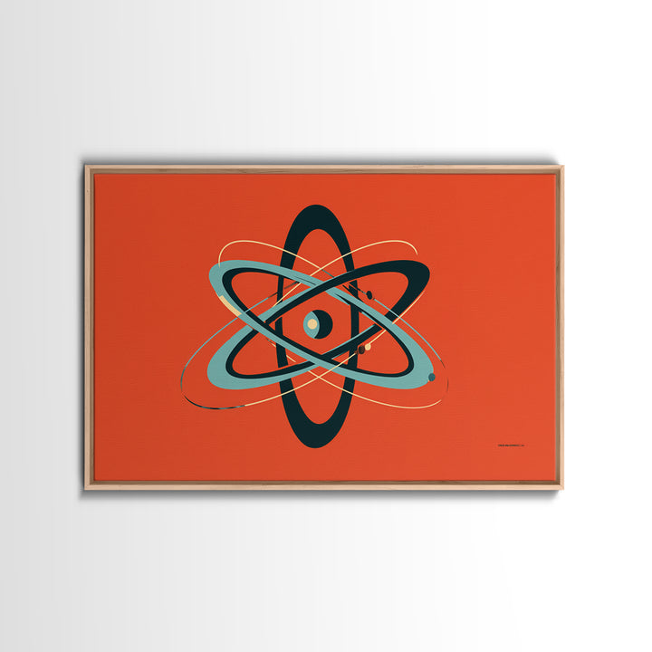 Teal Black Atomic Orbit On Orange Framed Canvas Print, Retro Modern Poster, Midcentury Wall Art, Bold MCM Wall Decor Art