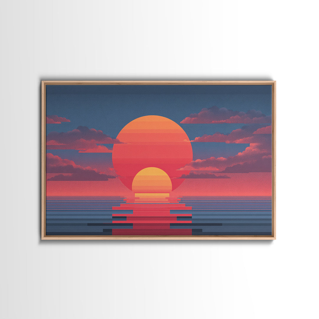 Retro Double Sun Ocean Wall Art, Midcentury Modern Art Print, Vaporwave Sunset Poster, Pink Blue Living Room Decor, Digital Art Print